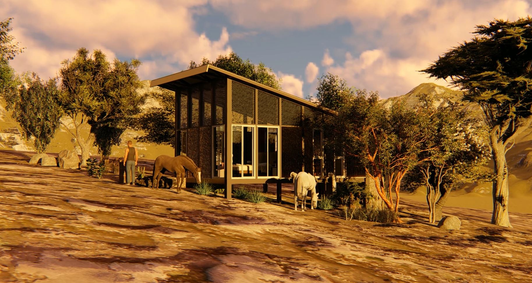 Cottage built around existing trees at a stud farm